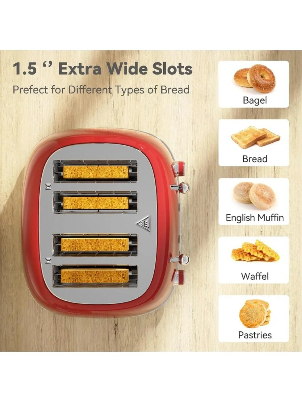 4 Slice Red Retro Stainless with 6 Bread Shade Settings 1.5''Wide Slots Toaster